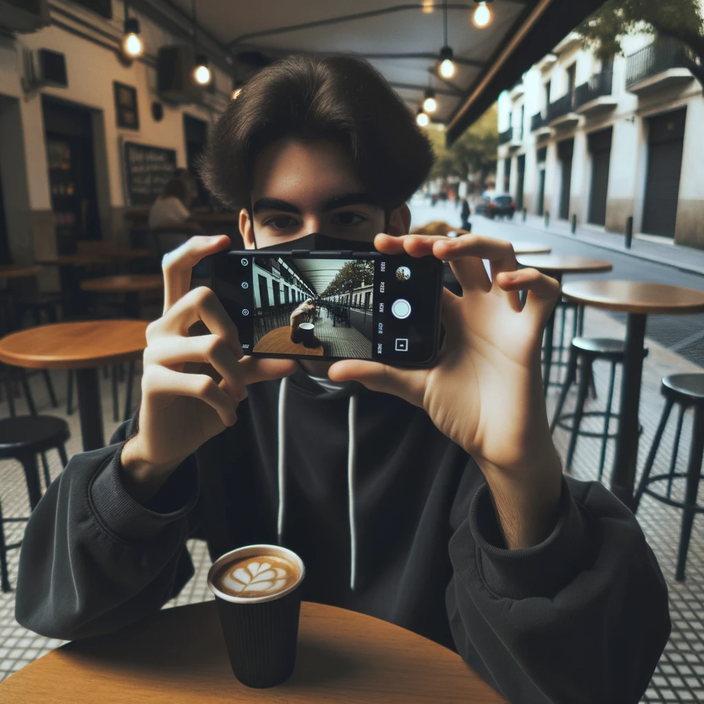 DALL·E 2023 10 16 10.13.57 Foto fotorrealista de una persona joven tomando una foto con una aplicacion retro en su telefono movil en un cafe urbano