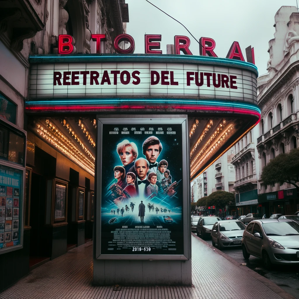 DALL·E 2023 10 16 10.14.01 Foto fotorrealista de un cine en Buenos Aires con un cartel anunciando el estreno del documental Retratos del Futuro