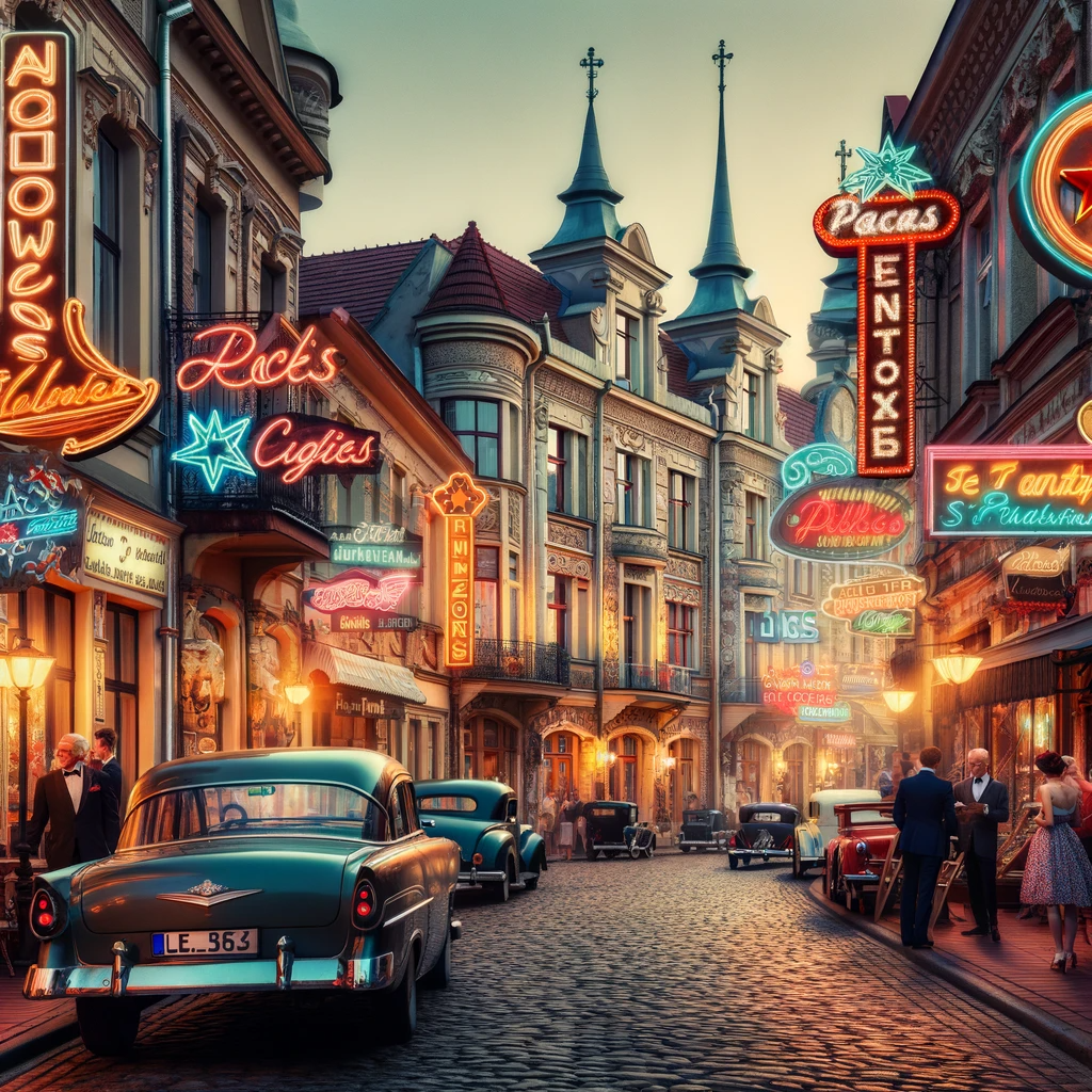 DALL·E 2023 11 17 10.09.47 A picturesque scene in a retro city with cobblestone streets and historic buildings adorned with neon signs. Vintage cars from the 1950s are parked a