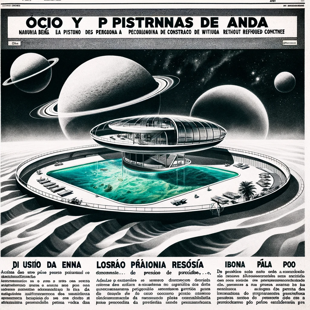 DALL·E 2023 11 22 20.58.26 A retro futuristic black and white newspaper cover featuring the headline Ocio y Piscinas de Arena. The cover includes an artistic illustration of a
